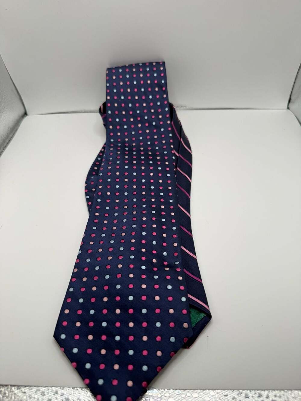 Tommy Hilfiger Men's Silk Necktie Navy Blue Polka Dot and Striped Pattern